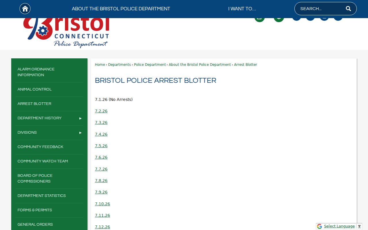 Bristol arrest blotter date index for recent arrest records