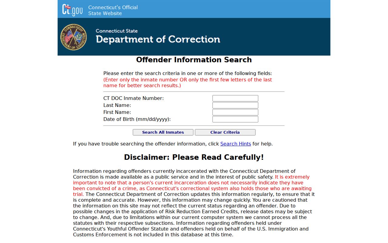 Connecticut DOC custody search for Bristol arrest follow-up