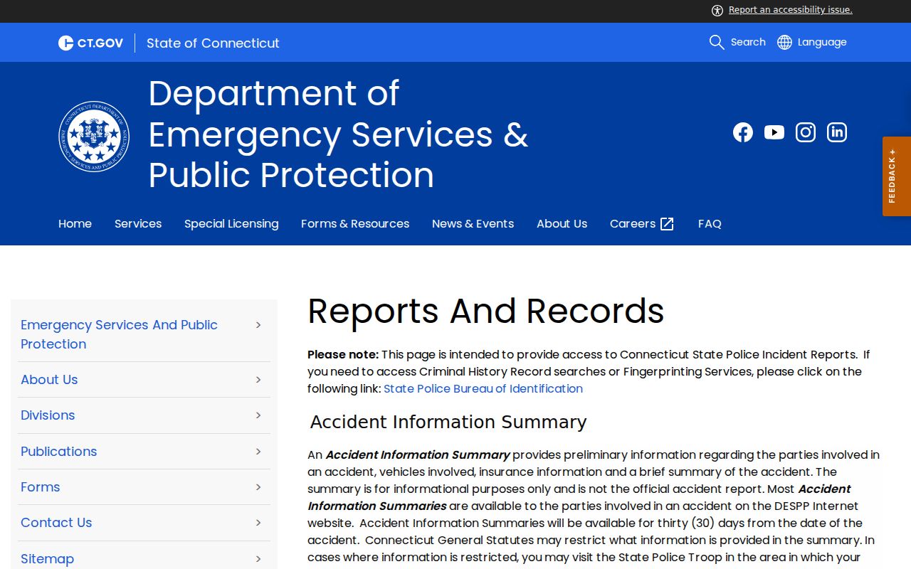 Connecticut State Police report request channel for Bristol arrest records