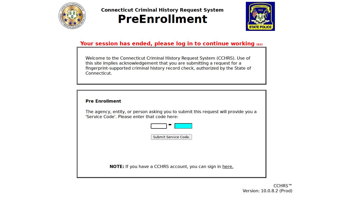 CCHRS criminal-history pre-enrollment portal for Connecticut