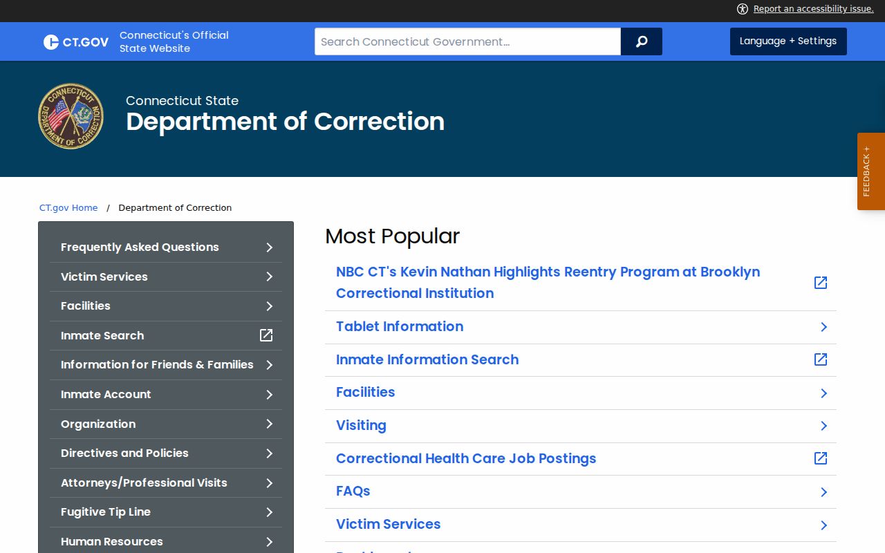 Connecticut Department of Correction official information page