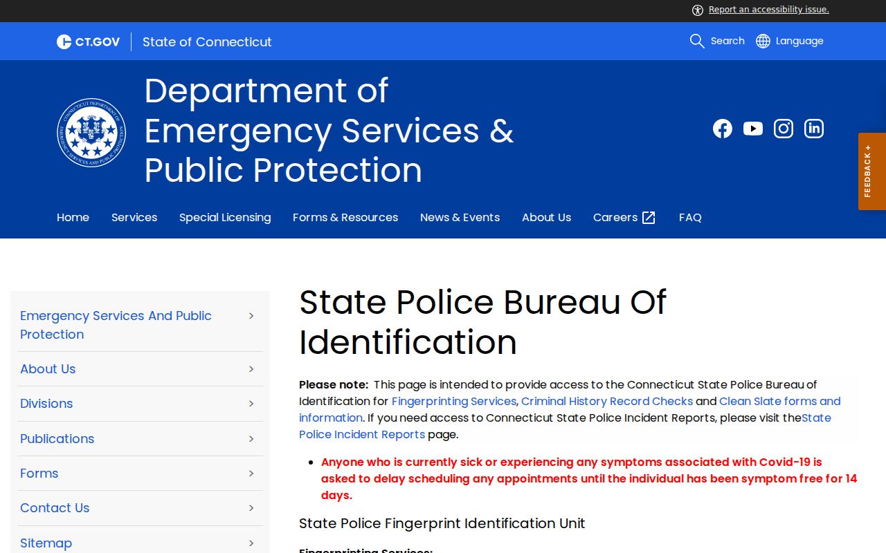 Connecticut State Police Bureau of Identification criminal-history services