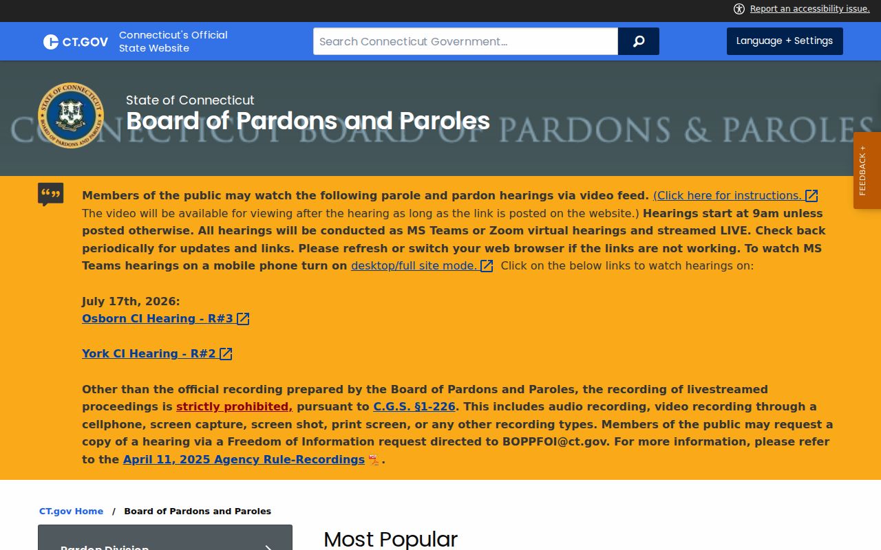 Connecticut Board of Pardons and Paroles official site