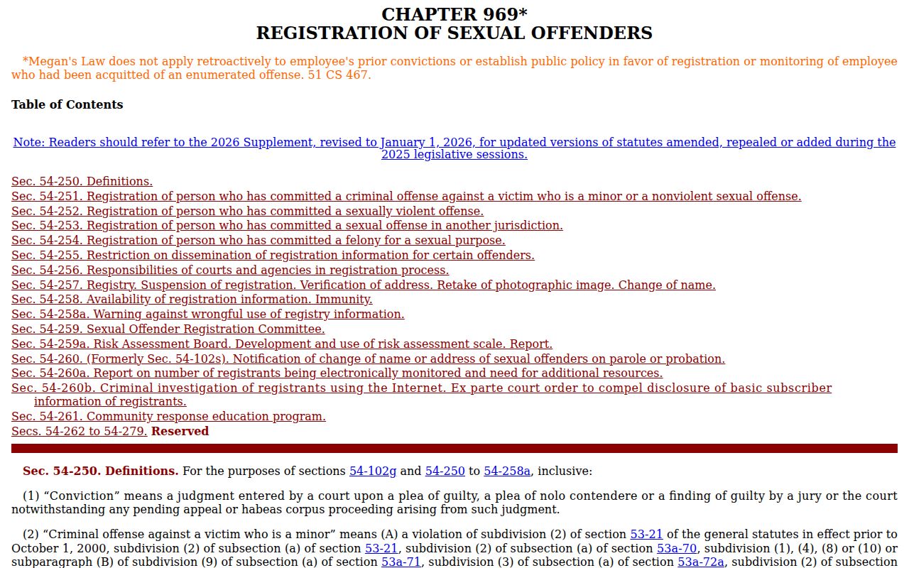 Connecticut law governing Bristol sex offender registry records